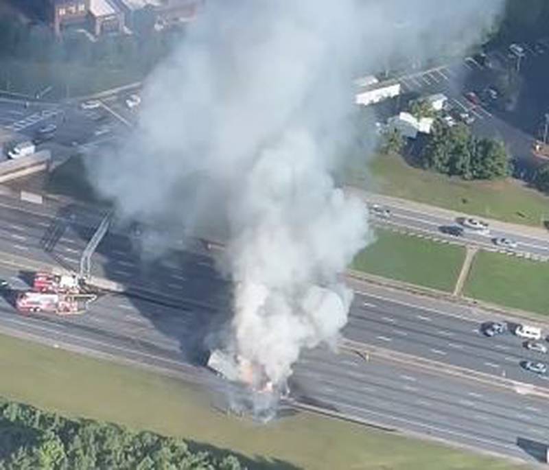 A large, smoking truck fire and crash shuts down I-285 in both directions in the 5 p.m. hour on a weekday.