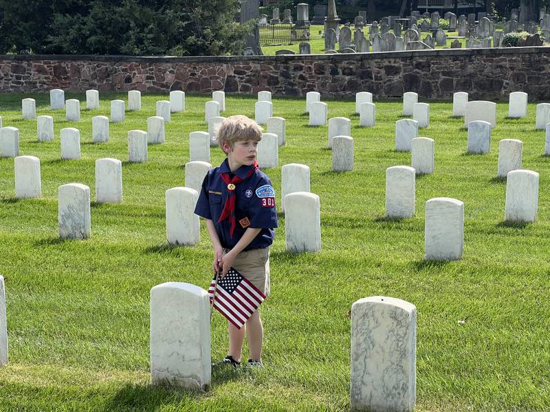 Flags placed at Alexandria National Cemetery in Alexandria, Virginia with the help of the National Capitol Area Council scouts in honor of fallen servicemembers.