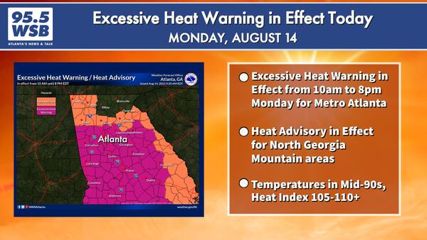 Excessive Heat Warning in effect Monday, heat index values as high as 110 degrees