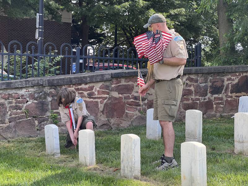 Flags placed at Alexandria National Cemetery in Alexandria, Virginia with the help of the National Capitol Area Council scouts in honor of fallen servicemembers.