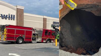 Georgia fire truck gets stuck after pavement collapses in Goodwill parking lot