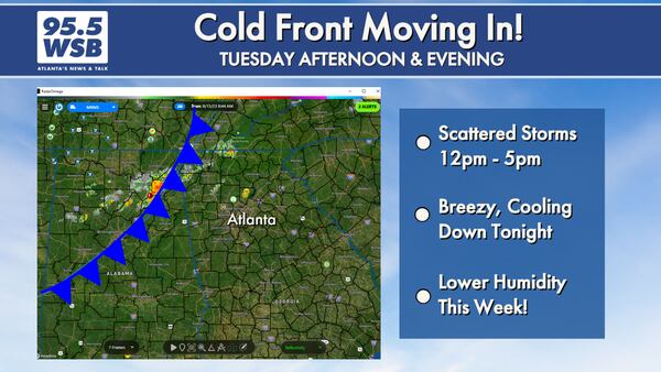 Cold front moving through Georgia Tuesday, drier air arrives Wednesday morning