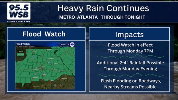 Heavy rain continues, Flood Watch in effect through Monday night