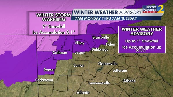 Winter Storm Warning, winter weather advisory issued for several north Ga. counties