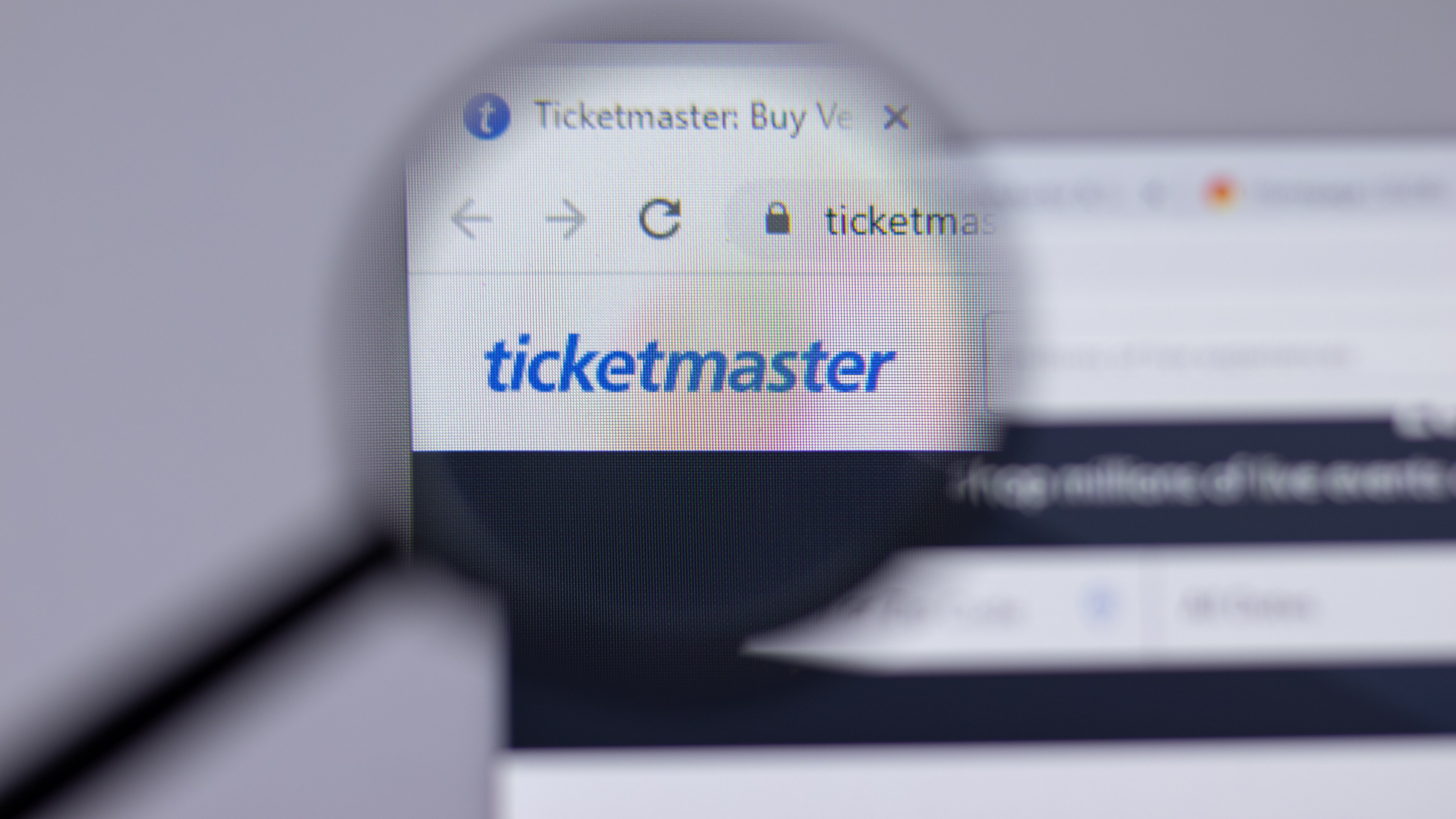 The Ticketmaster company logo close-up on website page.