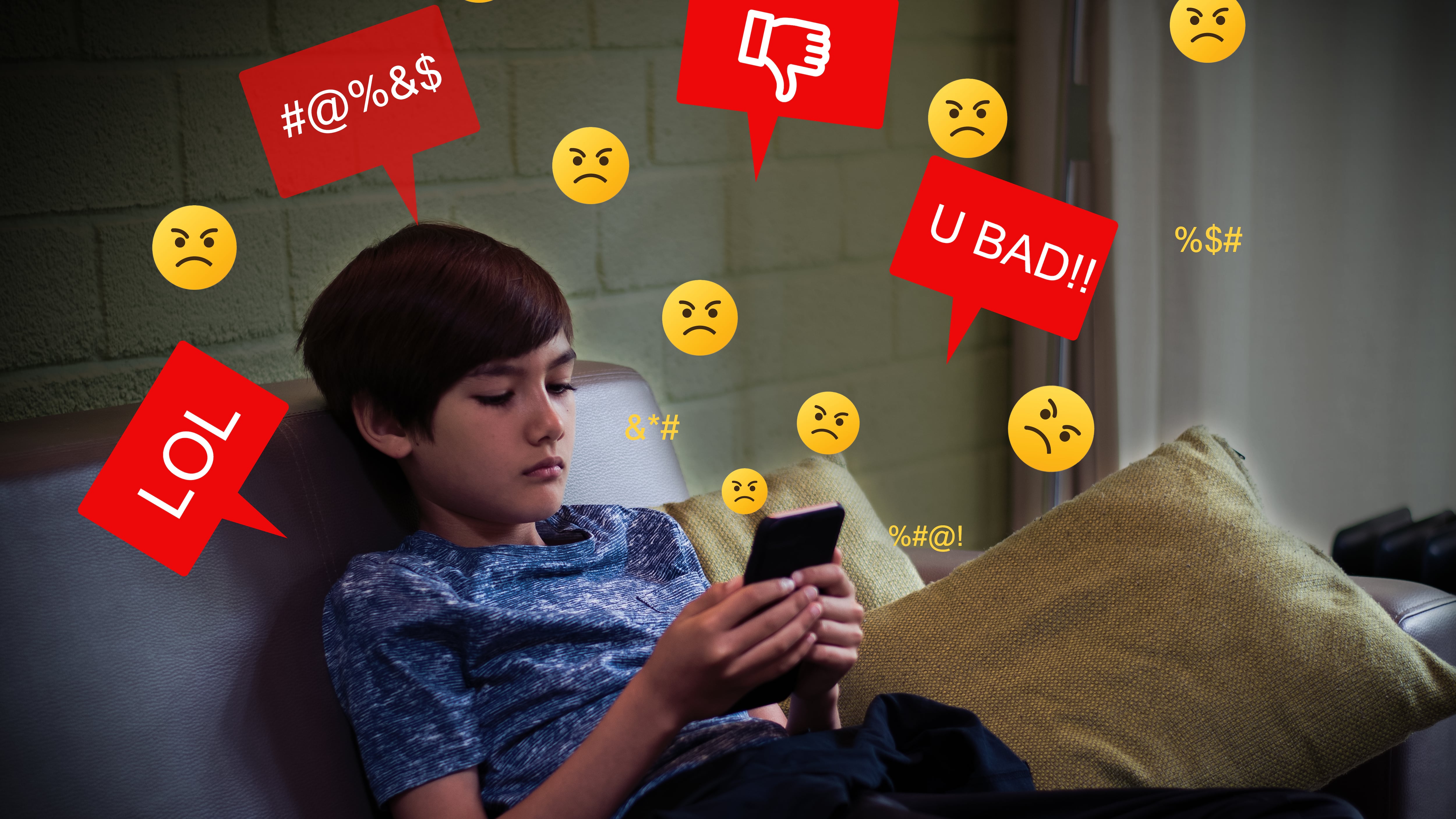 A teen being bombarded with negative messages on social media.