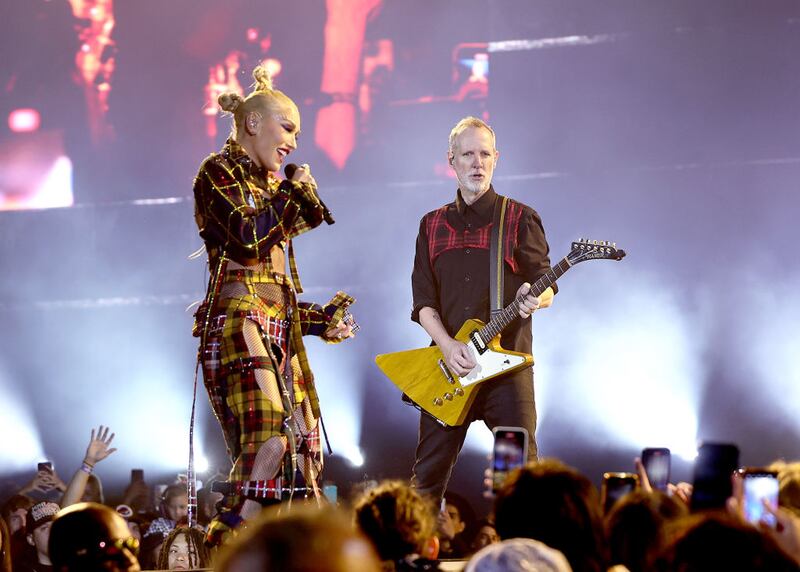 INDIO, CALIFORNIA - APRIL 13: Gwen Stefani and Tom Dumont of No Doubt performs at the Coachella Stage during the 2024 Coachella Valley Music and Arts Festival at Empire Polo Club on April 13, 2024 in Indio, California. (Photo by Arturo Holmes/Getty Images for Coachella)