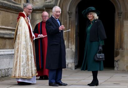 WINDSOR, ENGLAND - MARCH 31: King Charles III and Queen Camilla arrive to attend the Easter Mattins Service at Windsor Castle on March 31, 2024 in Windsor, England. (Photo by Hollie Adams - WPA Pool/Getty Images)